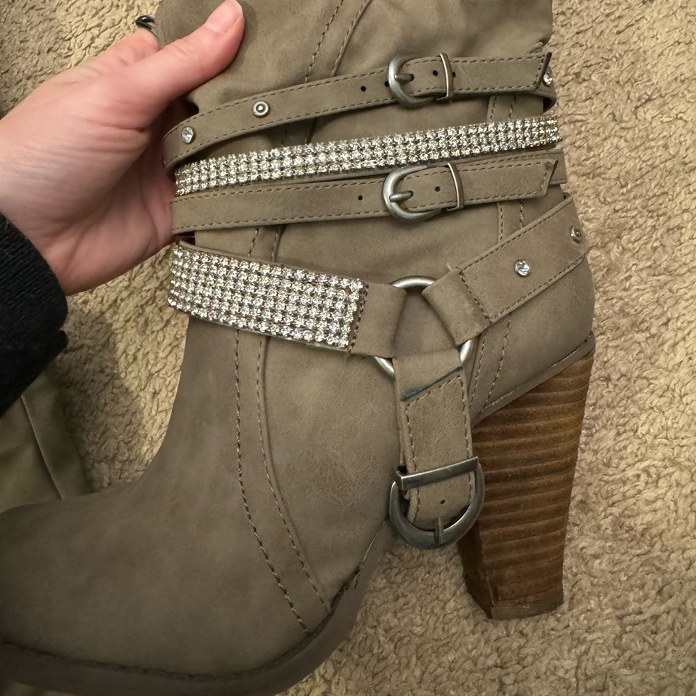 Tan Heeled Boots with Strappy Rhinestone Design - Picture 3 of 5